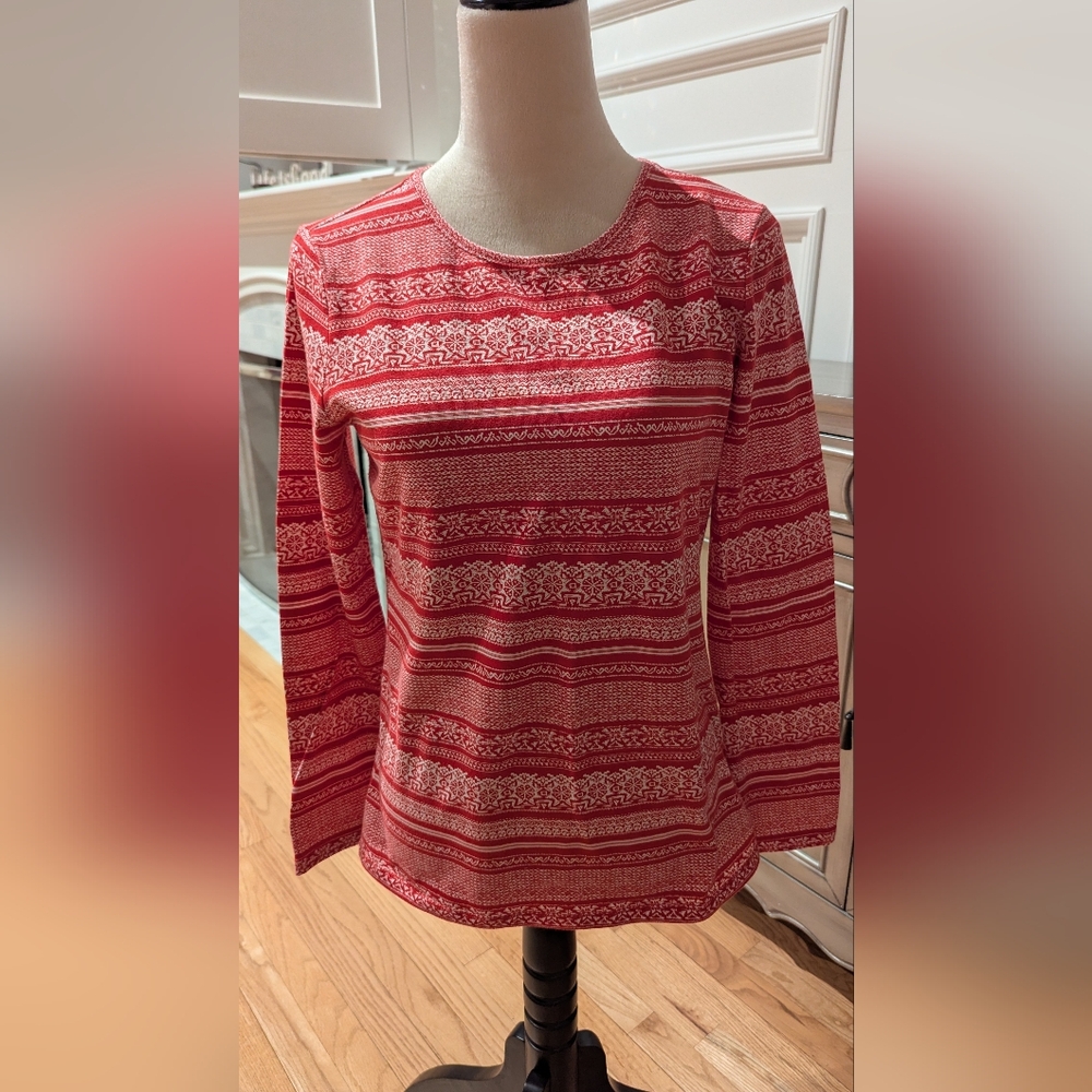 Talbots Nordic Patterned Red and White Long Sleeve Top